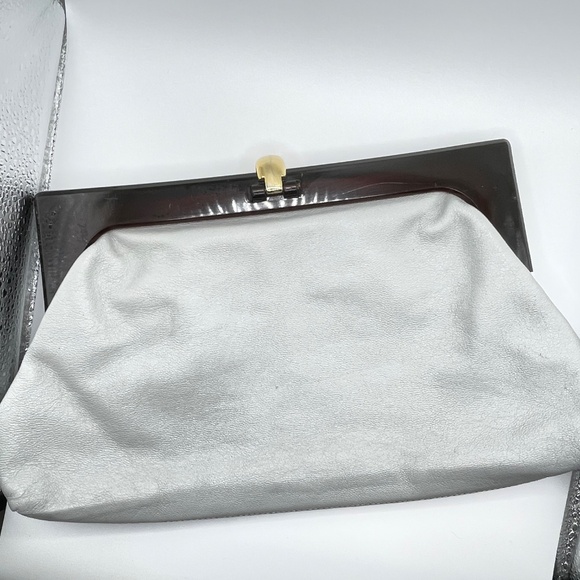 Italian Leather Lt Gray Lucite Clutch Purse Handbag Vintage - Picture 9 of 16